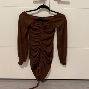 Brown ruched dress.